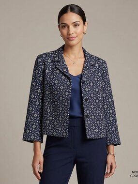 DKNY Vintage Navy White Silk Cotton Brocade /Jacquard Geometric Cropped Blazer 8